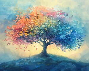 Softly serene whimsical tree, pastel bright watercolor, tranquil and dreamlike, soothing colors