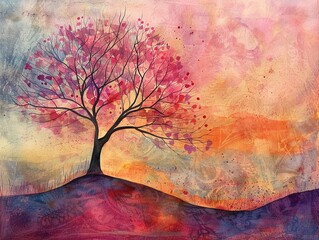 Pastel bright whimsical tree in watercolor, serene and tranquil, softly vibrant and dreamy