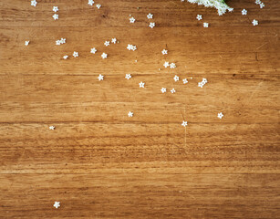 Top view of little white elderflowers on a wooden background. Aerial view of white little elder or...