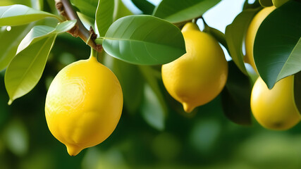 Yellow citrus lemon fruit and green leaves in garden. Citrus Limon grows on a tree branch, close up. Decorative citrus lemon house plant Meyer lemon Citrus × meyeri