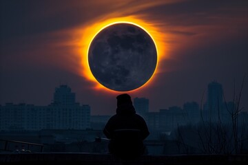 Silhouettes of people looking at the eclipse of the sun during sunset and sunrise