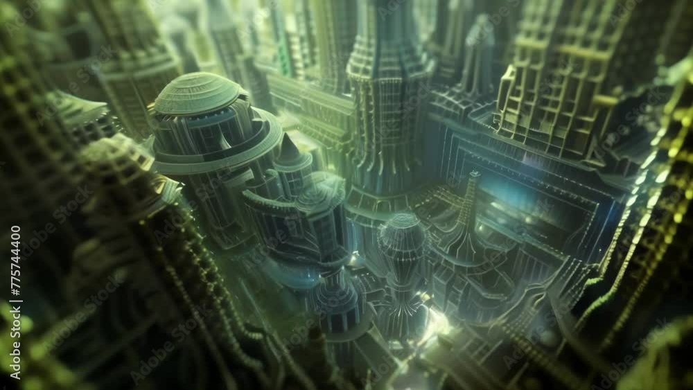 Poster from a distance the image appears almost like a cityscape with tall towers and winding pathways. upo