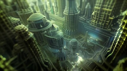 From a distance the image appears almost like a cityscape with tall towers and winding pathways. Upon closer inspection however the . AI generation.