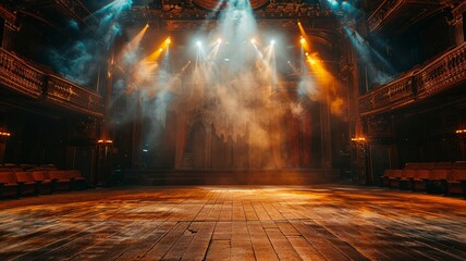 Empty stage basked in spotlight awaiting performance - obrazy, fototapety, plakaty