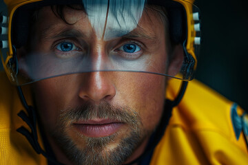 Close up portrait of a professional Ice hockey player wearing yellow uniform