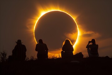 Silhouettes of people looking at the eclipse of the sun during sunset and sunrise - obrazy, fototapety, plakaty