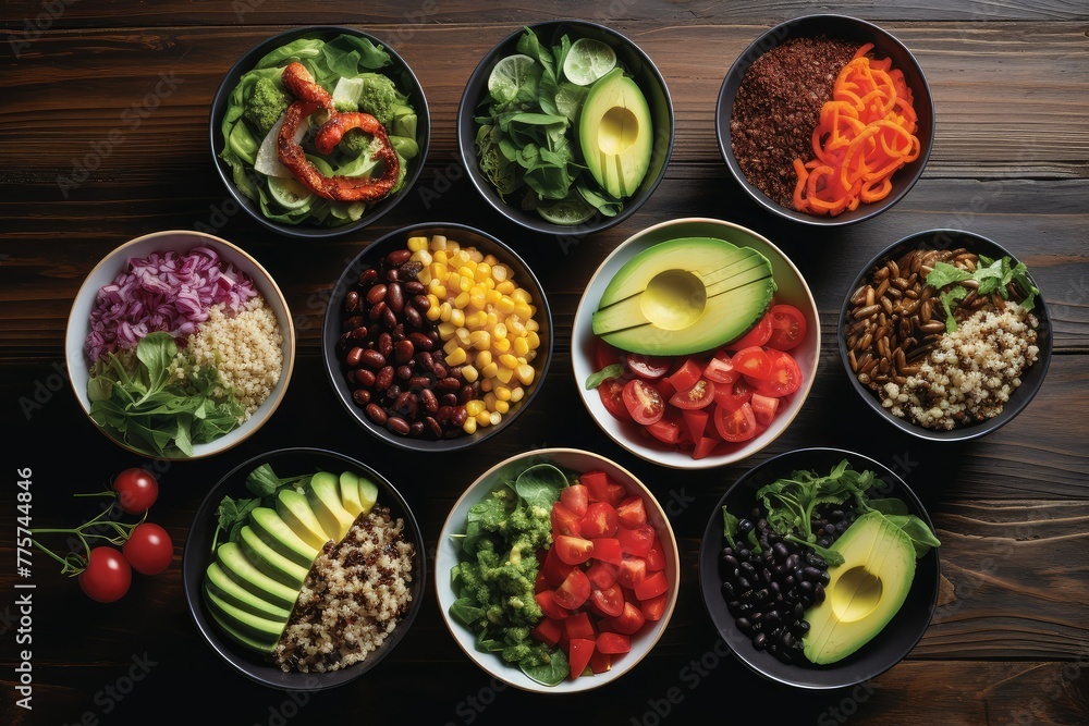 Poster multiple bowls filled with plant-based food neatly arranged on a table. generative ai