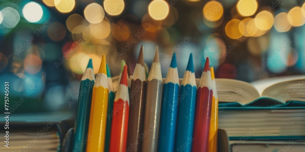 Poster a row of colored pencils is neatly placed on top of a stack of books