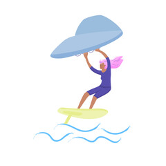Woman standing on a board, holds onto a wing and moves the board across the water. Wing foiling sport. Vector isolated color illustration.