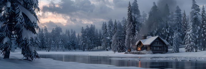 Fairytale Winter Landscape with Cozy Wooden Cabin by the Frozen Lakeside - obrazy, fototapety, plakaty