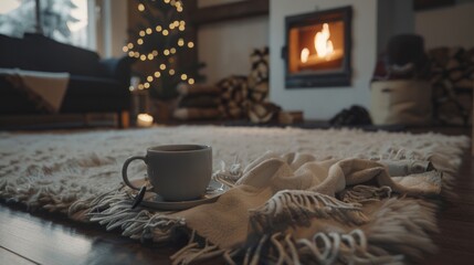 A coffee cup resting on a rug in front of a fireplace, creating a cozy atmosphere