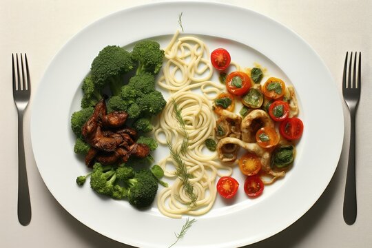 A white plate is filled with a delicious combination of pasta and assorted vegetables, creating a nutritious and satisfying meal. Generative AI