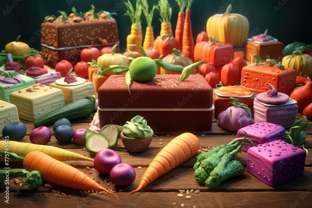 Poster a wide assortment of different types of food covers a table in a varied display. generative ai