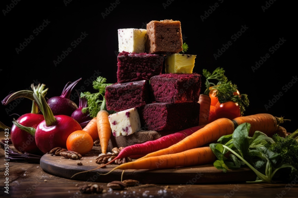 Poster a collection of assorted food items stacked neatly on a wooden table, ready to be enjoyed. generativ