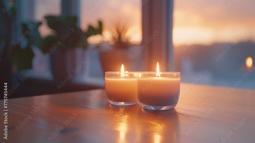 Poster two candles placed on a wooden table in a simple setting