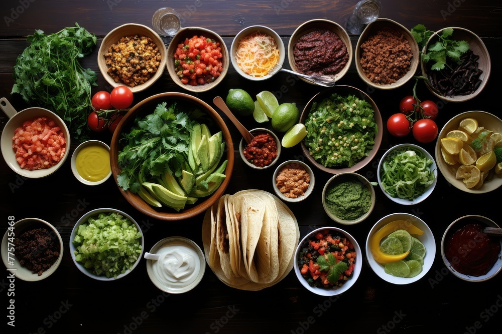 Poster a table displaying an array of bowls filled with different types of food items, creating a colorful 
