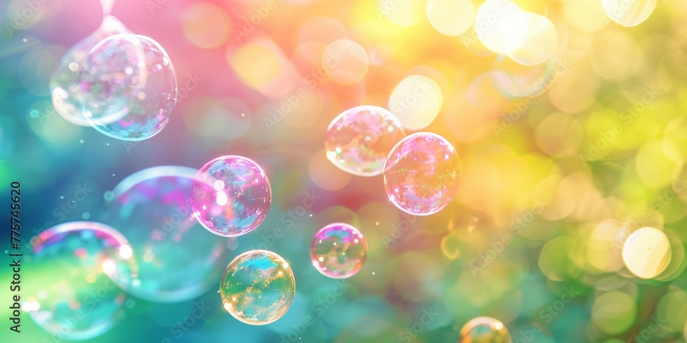 Poster a cluster of colorful soap bubbles floating in the air, creating a blurry and mesmerizing sight