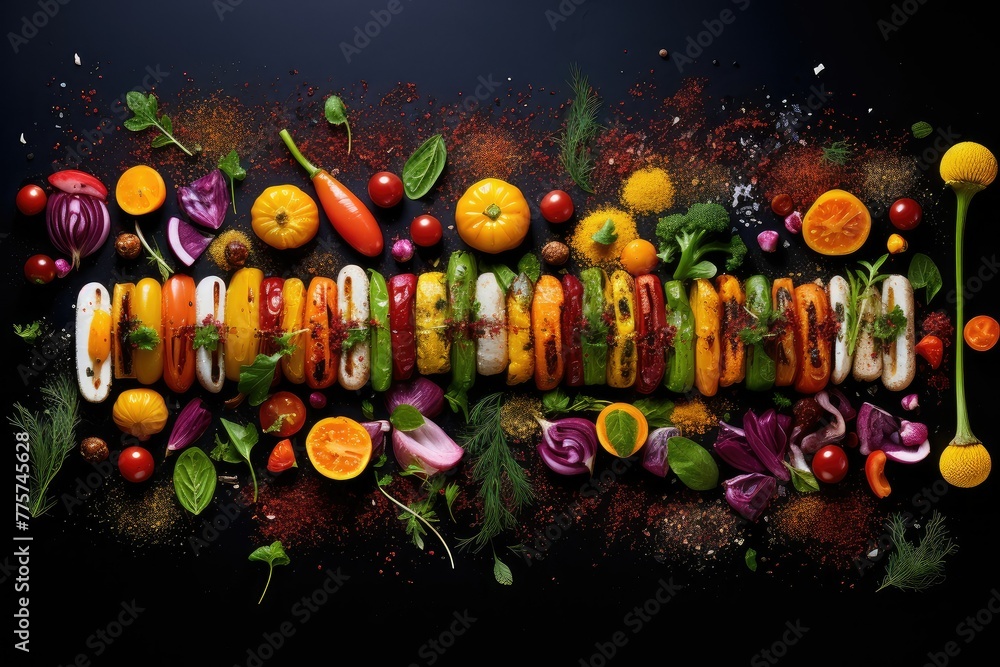 Poster assorted fruits and vegetables carefully arranged to form the word veg in a vibrant and textured com