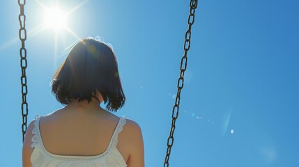 A woman is seen sitting on a swing, facing away, under the bright sun