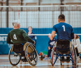 A team of men with disabilities in wheelchairs playing volleyball, sitting near the net waiting for...