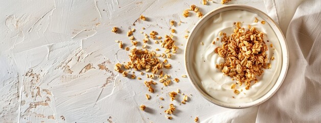 Greek yogurt and granola perfectly arranged in a bowl on a light background, with studio lighting casting soft shadows for a delectable composition.