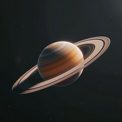 Hyper-realistic view of planet Saturnus with its rings, surface details in high resolution, black space background.