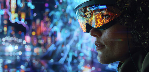 A woman gazes into a neon cityscape, reflections of bright lights dancing on her high-tech visor - obrazy, fototapety, plakaty