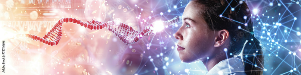 Poster a scientist observes a holographic dna helix in a high-tech lab environment, symbolizing advanced ge