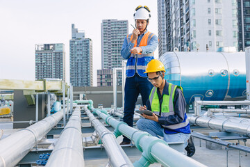 engineer teamwork technician workers service hotel boiler tank hot water supply pipe system. team...