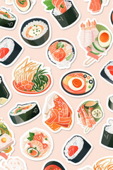 Collection of sushi stickers arranged on a bright pink background. Various types of sushi including nigiri, maki, and sashimi are featured in the stickers
