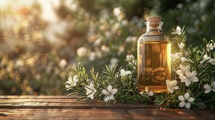 rosemary oil captured in an elegant glass bottle, adorned with sprigs of fresh rosemary, against a rustic wooden surface, surrounded by delicate rosemary flowers, illuminated by soft natural lighting.