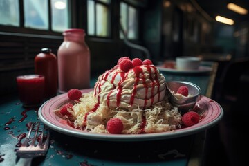 A Plate of Fresh Raspberry Ice Cream with Snow Ice flakes and Chocolate Syrup