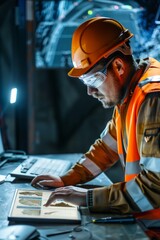 Mining Engineer Analyzing Geological Data And Mine Plans in an Office Setting, Highlighting The Strategic Planning, Generative AI