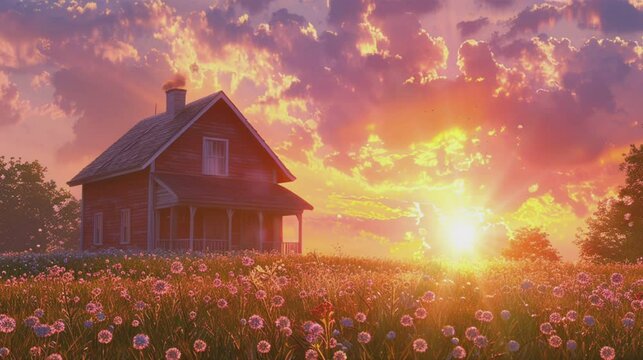 Wooden house in the middle of the field at sunset. Farmhouse in the countryside in the afternoon. Cartoon illustration style. Seamless and looping video animated. Generative AI