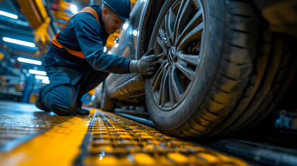 Auto mechanic working on a car wheel in a vehicle service garage. Automotive industry and maintenance concept for repair and quality service - obrazy, fototapety, plakaty