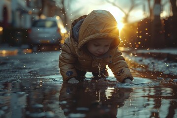 Child plays in a puddle on a city street, covered in mud, spring childish entertainment - obrazy, fototapety, plakaty