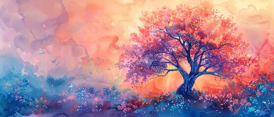 Obraz na płótnie Canvas Serene and whimsical tree in pastel bright watercolor, gently vibrant and dreamlike