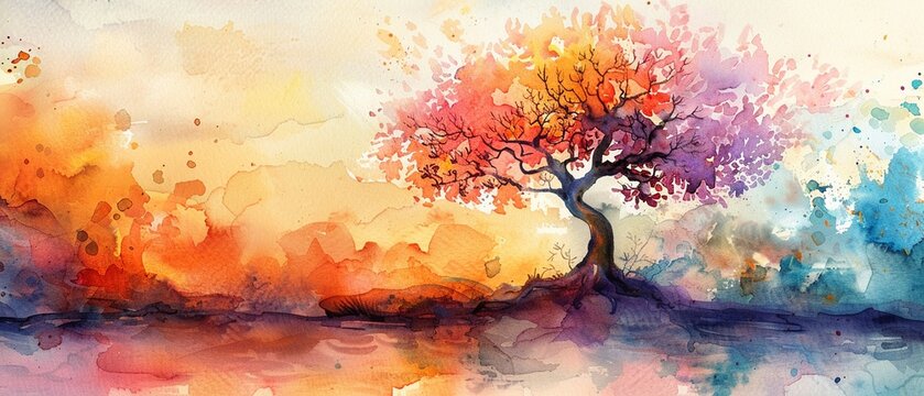 Serene and whimsical tree in pastel bright watercolor, gently vibrant and dreamlike