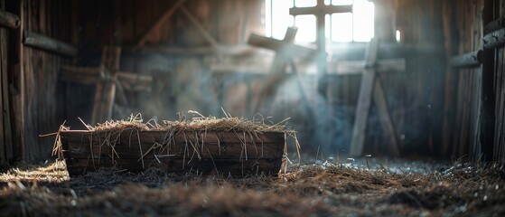 The wooden manger and three wooden crosses - obrazy, fototapety, plakaty
