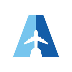 Logo travel. Letra inicial A con silueta de avión en espacio negativo para agencia de viajes - 775748416