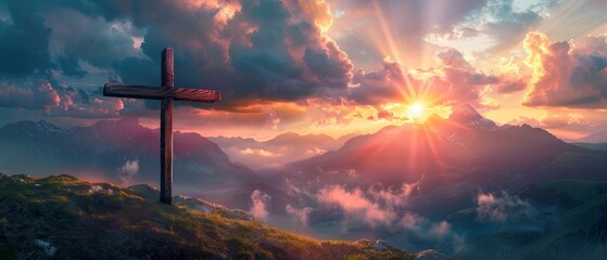 Cross of Jesus. Easter, resurrection concept. Christian wooden cross on a background with dramatic lighting, colorful mountain sunset, dark clouds and sky, sunbeams - obrazy, fototapety, plakaty
