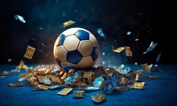 Online sports betting. Soccer ball with dollars on the  blue background. Creative background, gambling.