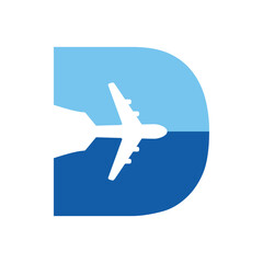 Logo travel. Letra inicial D con silueta de avión en espacio negativo para agencia de viajes