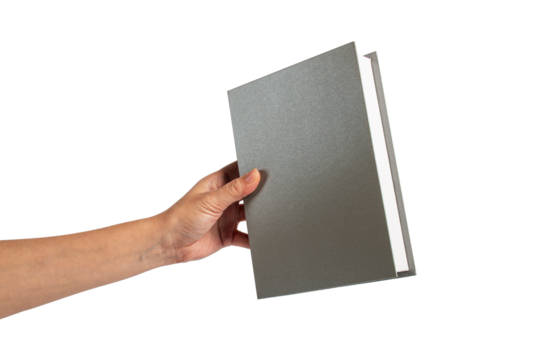 Blank grey book cover in hand on transparent background.