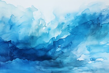 Abstract watercolor art background with blue and white flowing colors.