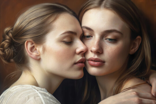 Two girls hug each other. Love and friendship. Close-up. Focus koncept