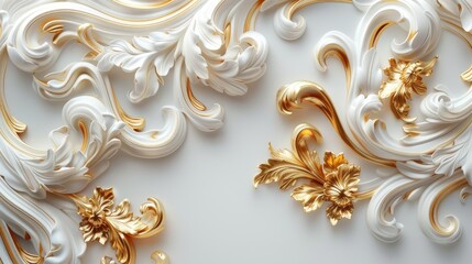 a rich golden baroque ornament delicately engraved on a pristine white background. The intricate details and lavish curves of the design exude opulence and sophistication