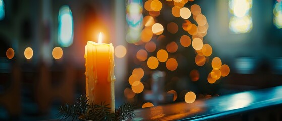 A blurry golden bokeh Christmas advent candle light in church for memorial day religious rituals,...