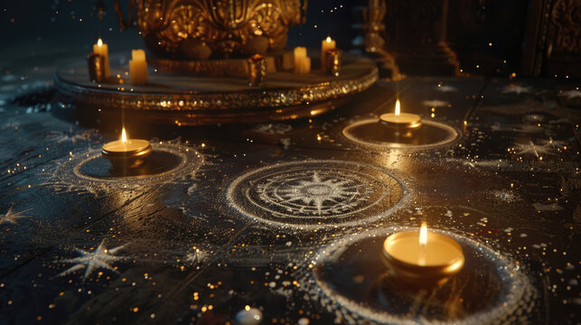 Candles burn softly on a mystical table adorned with astrological signs, sparking a sense of enchantment