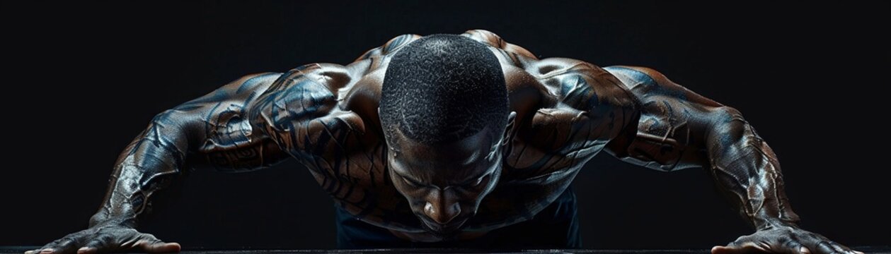 Showcase the detailed engagement of major upper body muscles involved in a pushup exercise, highlighting the strength and tension in the pectoralis major, triceps brachii, and deltoids